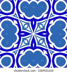 Ornamental azulejo portugal tiles decor. Vector seamless pattern template. Stylish design. Blue gorgeous flower folk print for linens, smartphone cases, scrapbooking, bags or T-shirts.