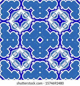 Ornamental azulejo portugal tiles decor. Vector seamless pattern template. Stylish design. Blue gorgeous flower folk print for linens, smartphone cases, scrapbooking, bags or T-shirts.