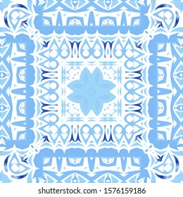 Ornamental azulejo portugal tiles decor. Vector seamless pattern template. Minimal design. Blue gorgeous flower folk print for linens, smartphone cases, scrapbooking, bags or T-shirts.