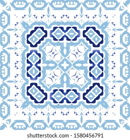 Ornamental azulejo portugal tiles decor. Universal design. Vector seamless pattern elements. Blue gorgeous flower folk print for linens, smartphone cases, scrapbooking, bags or T-shirts.