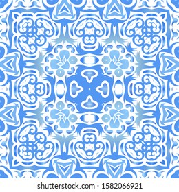 Ornamental azulejo portugal tiles decor. Vector seamless pattern watercolor. Kitchen design. Blue gorgeous flower folk print for linens, smartphone cases, scrapbooking, bags or T-shirts.