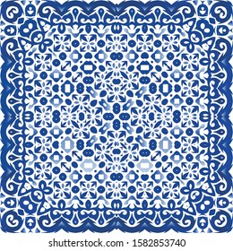 Ornamental azulejo portugal tiles decor. Minimal design. Vector seamless pattern frame. Blue gorgeous flower folk print for linens, smartphone cases, scrapbooking, bags or T-shirts.