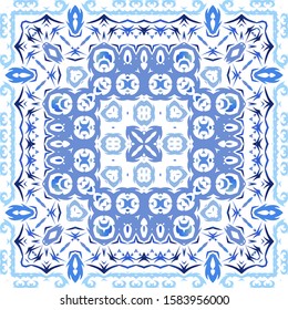 Ornamental azulejo portugal tiles decor. Original design. Vector seamless pattern arabesque. Blue gorgeous flower folk print for linens, smartphone cases, scrapbooking, bags or T-shirts.