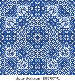 Ornamental azulejo portugal tiles decor. Vector seamless pattern arabesque. Colored design. Blue gorgeous flower folk print for linens, smartphone cases, scrapbooking, bags or T-shirts.