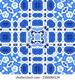 Ornamental azulejo portugal tiles decor. Vector seamless pattern texture. Hand drawn design. Blue gorgeous flower folk print for linens, smartphone cases, scrapbooking, bags or T-shirts.