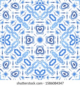 Ornamental azulejo portugal tiles decor. Original design. Vector seamless pattern arabesque. Blue gorgeous flower folk print for linens, smartphone cases, scrapbooking, bags or T-shirts.