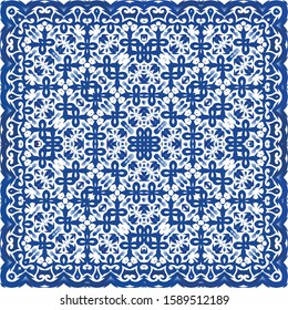 Ornamental azulejo portugal tiles decor. Vector seamless pattern flyer. Original design. Blue gorgeous flower folk print for linens, smartphone cases, scrapbooking, bags or T-shirts.