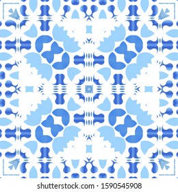 Ornamental azulejo portugal tiles decor. Vector seamless pattern watercolor. Kitchen design. Blue gorgeous flower folk print for linens, smartphone cases, scrapbooking, bags or T-shirts.