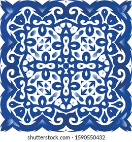Ornamental azulejo portugal tiles decor. Minimal design. Vector seamless pattern poster. Blue gorgeous flower folk print for linens, smartphone cases, scrapbooking, bags or T-shirts.