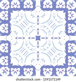 Ornamental azulejo portugal tiles decor. Vector seamless pattern texture. Fashionable design. Blue gorgeous flower folk print for linens, smartphone cases, scrapbooking, bags or T-shirts.