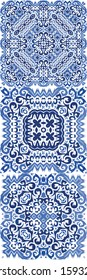 Ornamental azulejo portugal tiles decor. Minimal design. Set of vector seamless patterns. Blue gorgeous flower folk prints for linens, smartphone cases, scrapbooking, bags or T-shirts.