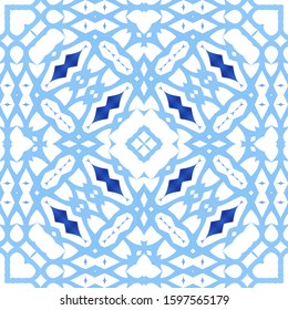 Ornamental azulejo portugal tiles decor. Vector seamless pattern template. Minimal design. Blue gorgeous flower folk print for linens, smartphone cases, scrapbooking, bags or T-shirts.