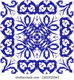 Ornamental azulejo portugal tiles decor. Vector seamless pattern texture. Fashionable design. Blue gorgeous flower folk print for linens, smartphone cases, scrapbooking, bags or T-shirts.