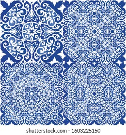 Ornamental azulejo portugal tiles decor. Kit of vector seamless patterns. Bathroom design. Blue gorgeous flower folk prints for linens, smartphone cases, scrapbooking, bags or T-shirts.