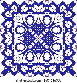 Ornamental azulejo portugal tiles decor. Vector seamless pattern texture. Fashionable design. Blue gorgeous flower folk print for linens, smartphone cases, scrapbooking, bags or T-shirts.