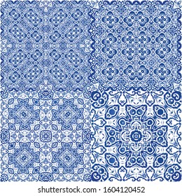 Ornamental azulejo portugal tiles decor. Modern design. Set of vector seamless patterns. Blue gorgeous flower folk prints for linens, smartphone cases, scrapbooking, bags or T-shirts.