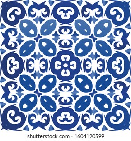 Ornamental azulejo portugal tiles decor. Modern design. Vector seamless pattern trellis. Blue gorgeous flower folk print for linens, smartphone cases, scrapbooking, bags or T-shirts.