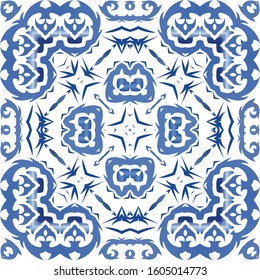 Ornamental azulejo portugal tiles decor. Universal design. Vector seamless pattern elements. Blue gorgeous flower folk print for linens, smartphone cases, scrapbooking, bags or T-shirts.