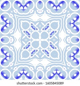 Ornamental azulejo portugal tiles decor. Vector seamless pattern template. Stylish design. Blue gorgeous flower folk print for linens, smartphone cases, scrapbooking, bags or T-shirts.