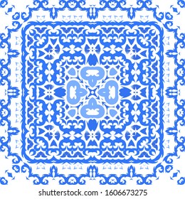 Ornamental azulejo portugal tiles decor. Hand drawn design. Vector seamless pattern collage. Blue gorgeous flower folk print for linens, smartphone cases, scrapbooking, bags or T-shirts.