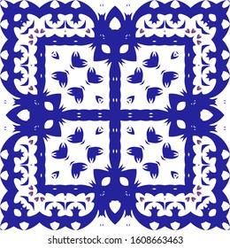 Ornamental azulejo portugal tiles decor. Vector seamless pattern texture. Fashionable design. Blue gorgeous flower folk print for linens, smartphone cases, scrapbooking, bags or T-shirts.