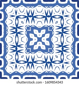Ornamental azulejo portugal tiles decor. Universal design. Vector seamless pattern elements. Blue gorgeous flower folk print for linens, smartphone cases, scrapbooking, bags or T-shirts.