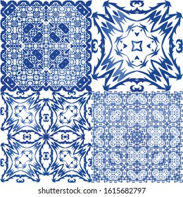 Ornamental azulejo portugal tiles decor. Graphic design. Kit of vector seamless patterns. Blue gorgeous flower folk prints for linens, smartphone cases, scrapbooking, bags or T-shirts.