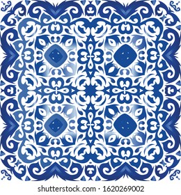 Ornamental azulejo portugal tiles decor. Vector seamless pattern concept. Graphic design. Blue gorgeous flower folk print for linens, smartphone cases, scrapbooking, bags or T-shirts.