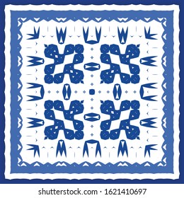 Ornamental azulejo portugal tiles decor. Universal design. Vector seamless pattern elements. Blue gorgeous flower folk print for linens, smartphone cases, scrapbooking, bags or T-shirts.