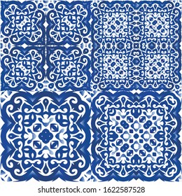 Ornamental azulejo portugal tiles decor. Set of vector seamless patterns. Graphic design. Blue gorgeous flower folk prints for linens, smartphone cases, scrapbooking, bags or T-shirts.