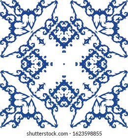 Ornamental azulejo portugal tiles decor. Fashionable design. Vector seamless pattern flyer. Blue gorgeous flower folk print for linens, smartphone cases, scrapbooking, bags or T-shirts.