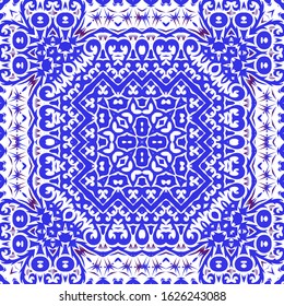 Ornamental azulejo portugal tiles decor. Creative design. Vector seamless pattern collage. Blue gorgeous flower folk print for linens, smartphone cases, scrapbooking, bags or T-shirts.