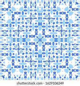 Ornamental azulejo portugal tiles decor. Vector seamless pattern watercolor. Kitchen design. Blue gorgeous flower folk print for linens, smartphone cases, scrapbooking, bags or T-shirts.