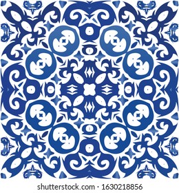 Ornamental azulejo portugal tiles decor. Colored design. Vector seamless pattern trellis. Blue gorgeous flower folk print for linens, smartphone cases, scrapbooking, bags or T-shirts.