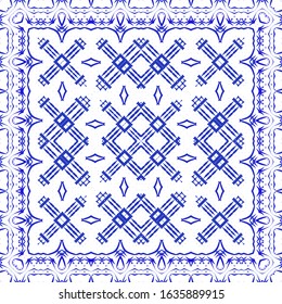 Ornamental azulejo portugal tiles decor. Vector seamless pattern watercolor. Stylish design. Blue gorgeous flower folk print for linens, smartphone cases, scrapbooking, bags or T-shirts.