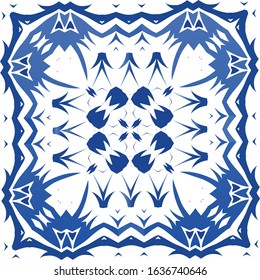 Ornamental azulejo portugal tiles decor. Vector seamless pattern watercolor. Stylish design. Blue gorgeous flower folk print for linens, smartphone cases, scrapbooking, bags or T-shirts.