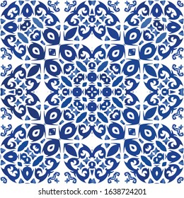 Ornamental azulejo portugal tiles decor. Stylish design. Vector seamless pattern concept. Blue gorgeous flower folk print for linens, smartphone cases, scrapbooking, bags or T-shirts.