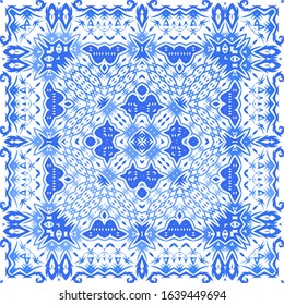 Ornamental azulejo portugal tiles decor. Vector seamless pattern concept. Bathroom design. Blue gorgeous flower folk print for linens, smartphone cases, scrapbooking, bags or T-shirts.
