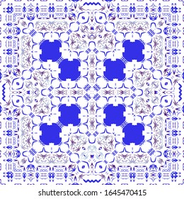 Ornamental azulejo portugal tiles decor. Universal design. Vector seamless pattern elements. Blue gorgeous flower folk print for linens, smartphone cases, scrapbooking, bags or T-shirts.
