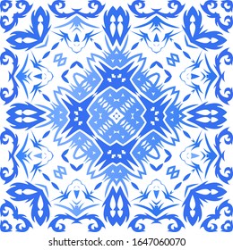 Ornamental azulejo portugal tiles decor. Vector seamless pattern concept. Bathroom design. Blue gorgeous flower folk print for linens, smartphone cases, scrapbooking, bags or T-shirts.
