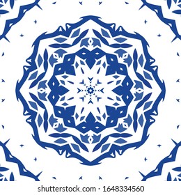 Ornamental azulejo portugal tiles decor. Vector seamless pattern concept. Universal design. Blue gorgeous flower folk print for linens, smartphone cases, scrapbooking, bags or T-shirts.