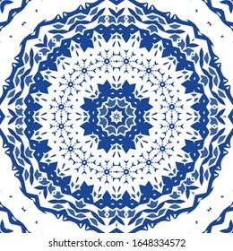 Ornamental azulejo portugal tiles decor. Vector seamless pattern concept. Universal design. Blue gorgeous flower folk print for linens, smartphone cases, scrapbooking, bags or T-shirts.
