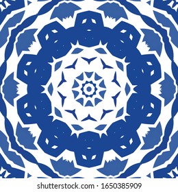 Ornamental azulejo portugal tiles decor. Vector seamless pattern concept. Universal design. Blue gorgeous flower folk print for linens, smartphone cases, scrapbooking, bags or T-shirts.