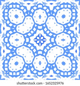 Ornamental azulejo portugal tiles decor. Vector seamless pattern concept. Universal design. Blue gorgeous flower folk print for linens, smartphone cases, scrapbooking, bags or T-shirts.