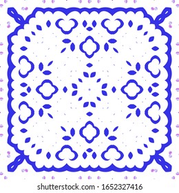 Ornamental azulejo portugal tiles decor. Colored design. Vector seamless pattern trellis. Blue gorgeous flower folk print for linens, smartphone cases, scrapbooking, bags or T-shirts.