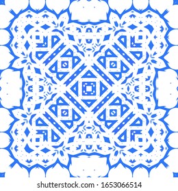 Ornamental azulejo portugal tiles decor. Vector seamless pattern concept. Universal design. Blue gorgeous flower folk print for linens, smartphone cases, scrapbooking, bags or T-shirts.