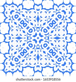 Ornamental azulejo portugal tiles decor. Vector seamless pattern concept. Universal design. Blue gorgeous flower folk print for linens, smartphone cases, scrapbooking, bags or T-shirts.