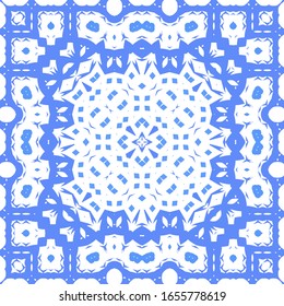 Ornamental azulejo portugal tiles decor. Fashionable design. Vector seamless pattern flyer. Blue gorgeous flower folk print for linens, smartphone cases, scrapbooking, bags or T-shirts.