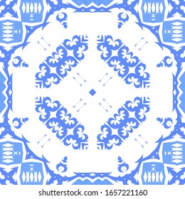 Ornamental azulejo portugal tiles decor. Fashionable design. Vector seamless pattern flyer. Blue gorgeous flower folk print for linens, smartphone cases, scrapbooking, bags or T-shirts.