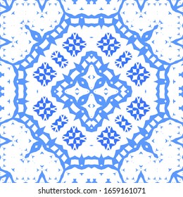Ornamental azulejo portugal tiles decor. Vector seamless pattern concept. Universal design. Blue gorgeous flower folk print for linens, smartphone cases, scrapbooking, bags or T-shirts.
